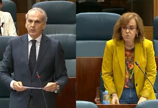 El consejero de Sanidad, Enrique Ruiz Escuderoy Puri Causapié durante el debate sobre la gestión de las residencias de ancianos, en el pleno de la Asamblea de Madrid