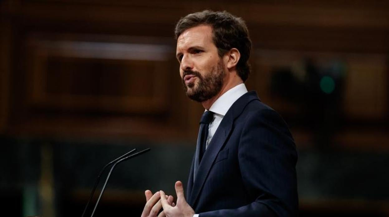 El presidente del Partido Popular, Pablo Casado, durante su intervención en el Pleno del Congreso