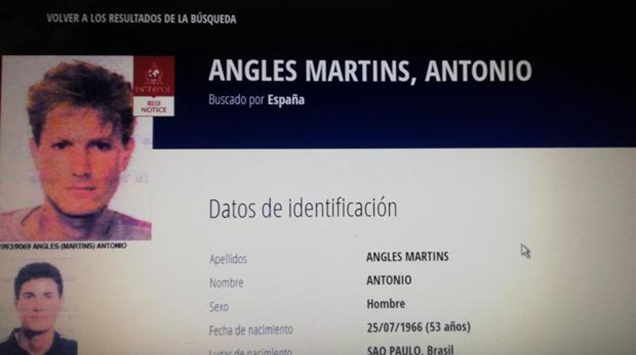 Imagen de la ficha de Antonio Anglés en la lista de los fugitivos más buscados por la Interpol