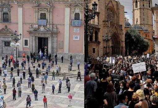 A la izquierda, imagen tomada el día de la festividad de la Virgen de los Desamparados; a la derecha, imagen tomada el pasado domingo en la protesta contra el racismo