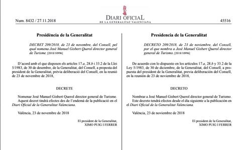 Nombramiento de Gisbert a efectos del 28 de noviembre de 2018, un día después de salir publicado en el Diario Oficial