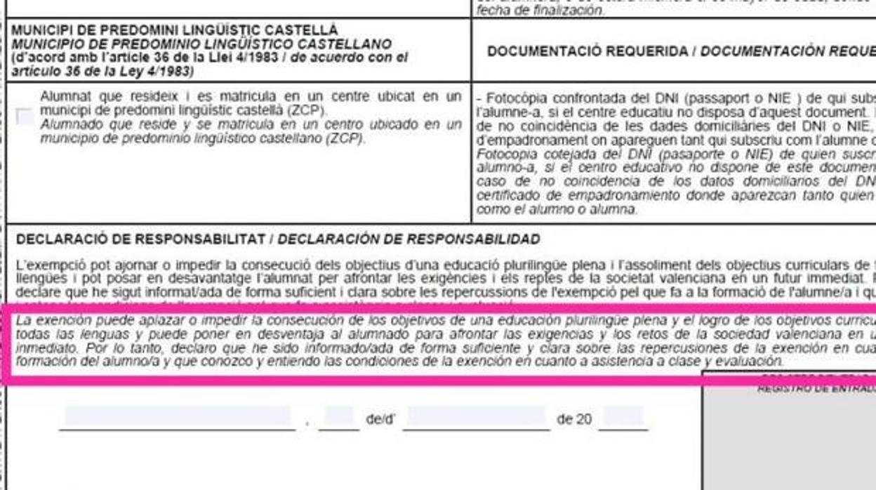 El documento con las advertencias a los alumnos que pidan la exención del valenciano