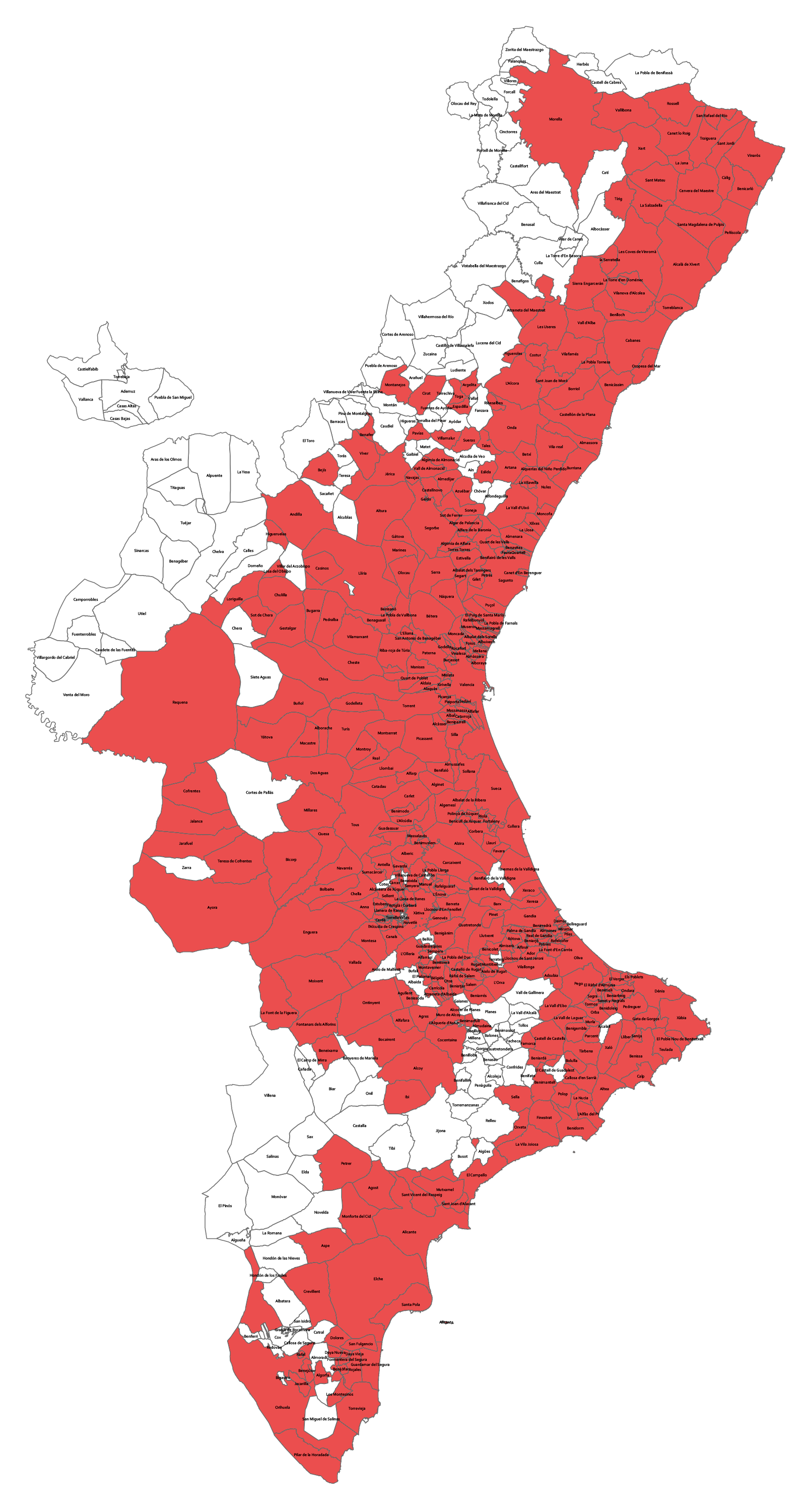 Mapa de la incidencia del mosquito tigre -en rojo- en la Comunidad Valenciana (31/06/20)