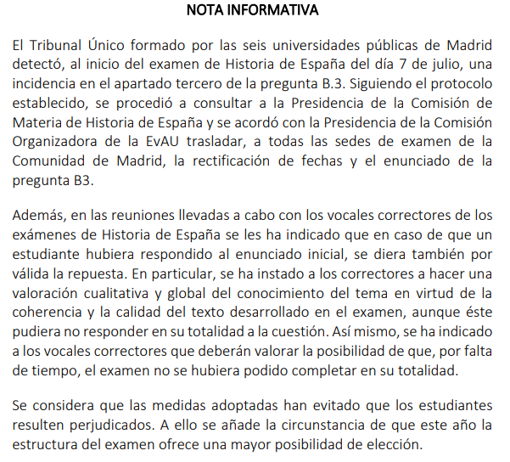 Captura del escrito de reclamación por el enunciado incorrecto en el examen de Historia