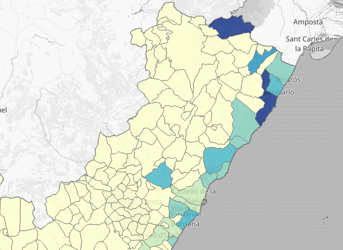 Mapa de las pruebas PCR positivas en los últimos 14 días en la provincia de Castellón