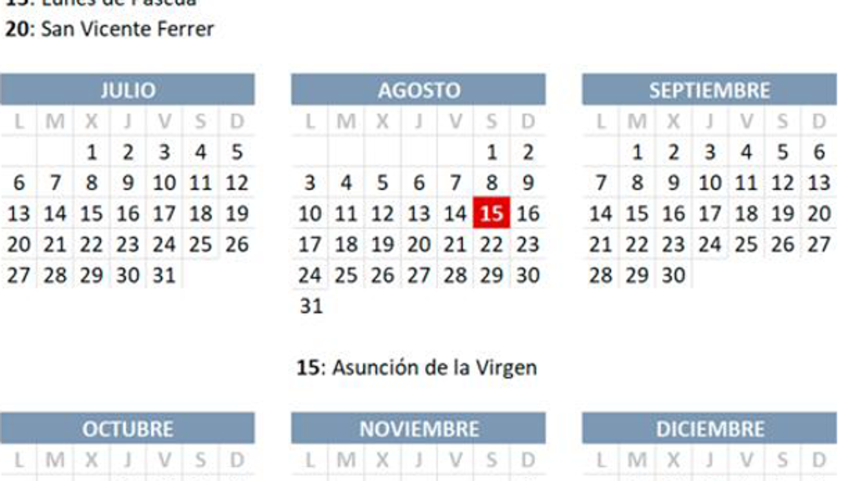 Imagen del calendario laboral 2020 de la Comunidad Valenciana