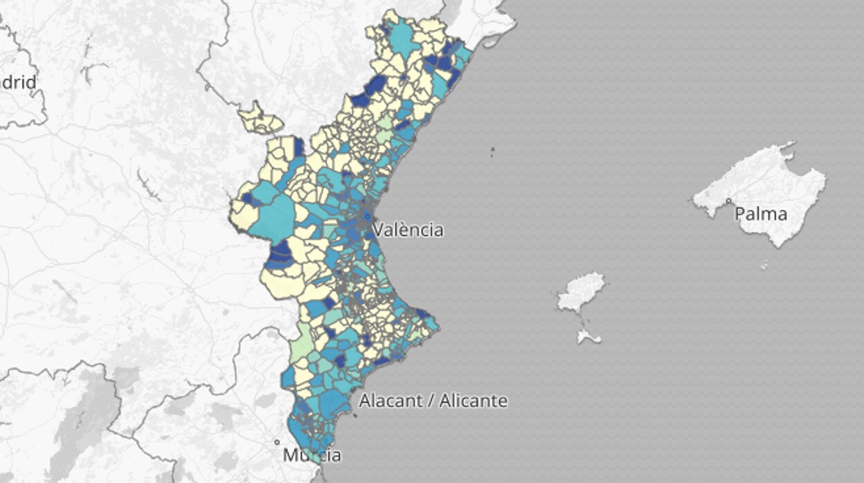 Mapa con la incidencia del coronavirus por municipios en la Comunidad Valenciana