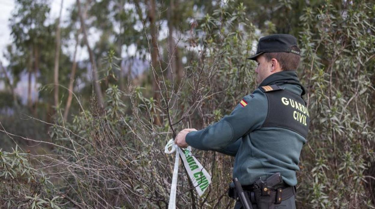 Un agente de la Guardia Civil coloca un precinto en el marco de una investigación