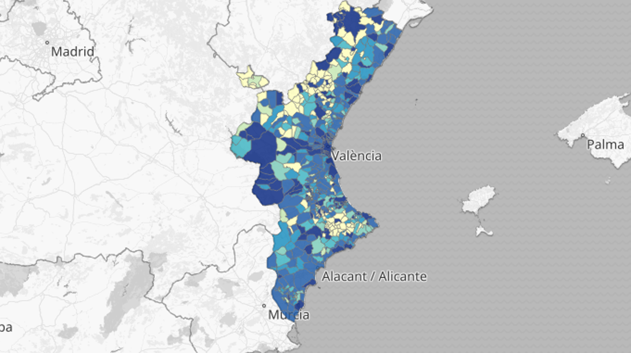 Mapa de la incidencia acumulada del coronavirus por municipios en la Comunidad Valenciana