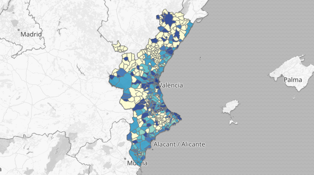 Mapa de la incidencia de los rebrotes por municipios en los últimos 14 días en la Comunidad Valenciana