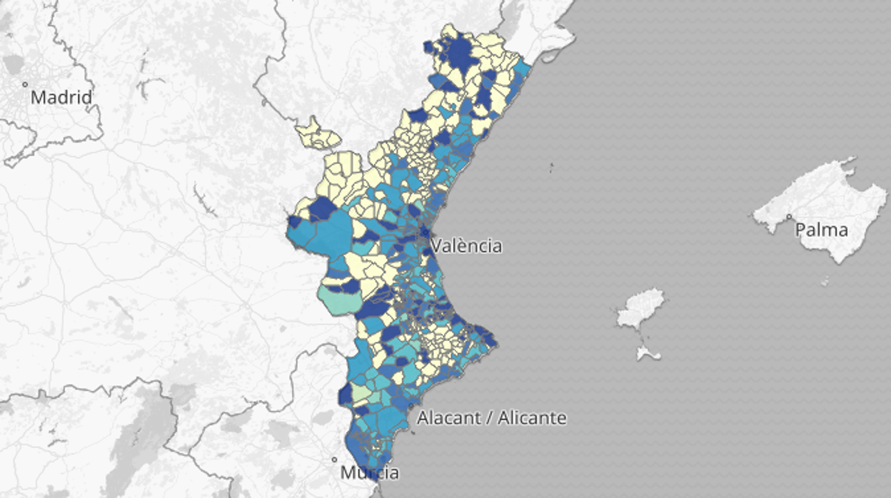 Mapa de incidencia del coronavirus por municipios en la Comunidad Valenciana en los últimos 14 días