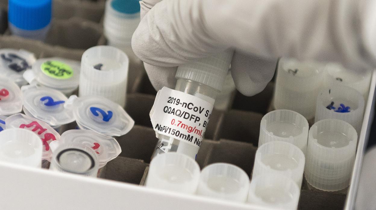 Un vial con la potencial vacuna contra el Covid-19 en los laboratorios de Novavax