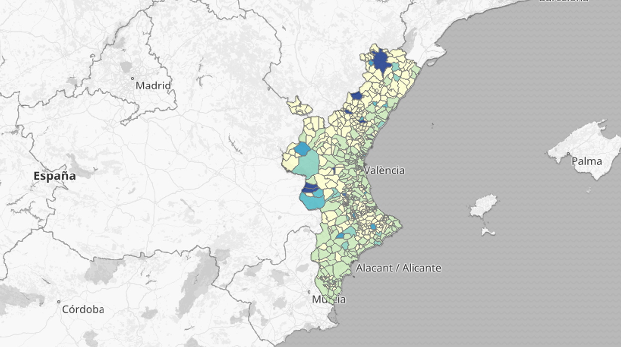 Mapa con la mortalidad acumulada provocada por la pandemia del coronavirus en la Comunidad Valenciana