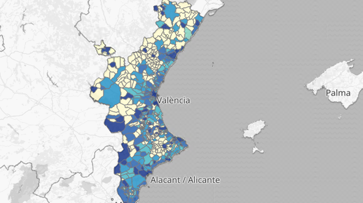 Imagen del mapa de PCR positivas en los últimos 14 días en la Comunidad Valenciana