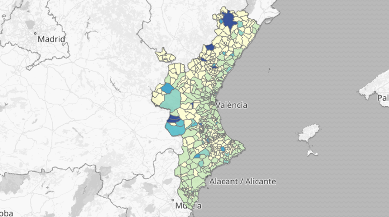 Mapa de la incidencia de la mortalidad por coronavirus por municipios en la Comunidad Valenciana