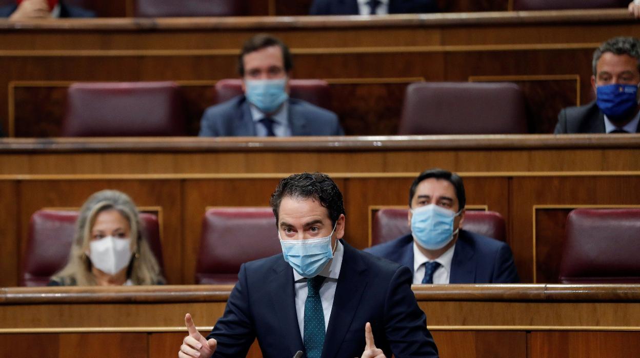 El secretario general del PP, Teodoro García Egea, durante su intervención este miércoles en el Congreso de los Diputados