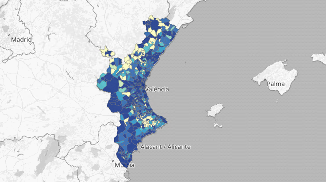 Mapa de las PCR positivas totales por municipios en la Comunidad Valenciana