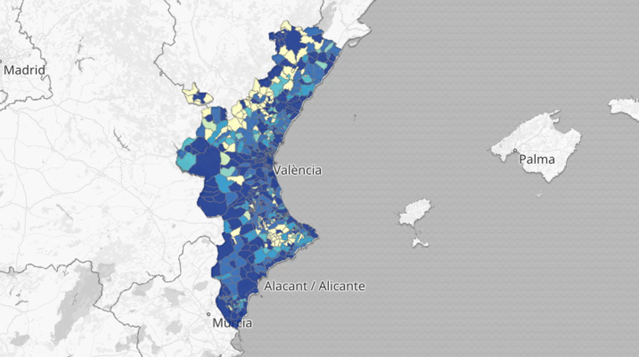 Mapa de las PCR positovas en coronavirus totales en los municipios de la Comunidad Valenciana