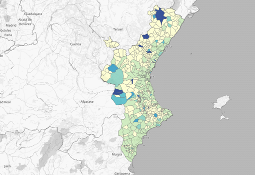 Mapa de la mortalidad acumulada por el coronavirus en la Comunidad Valenciana desde que comenzó la pandemia