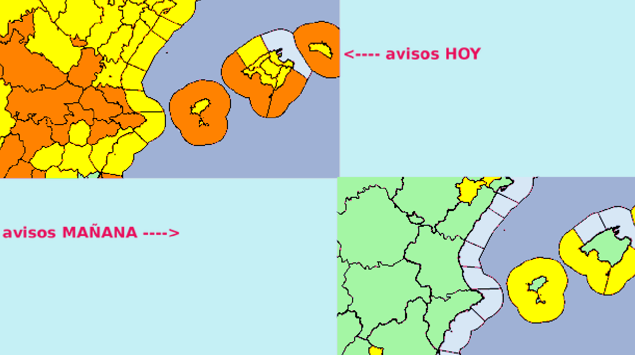 Mapa de los avisos de la Aemet en la Comunidad Valenciana para el viernes y el sábado