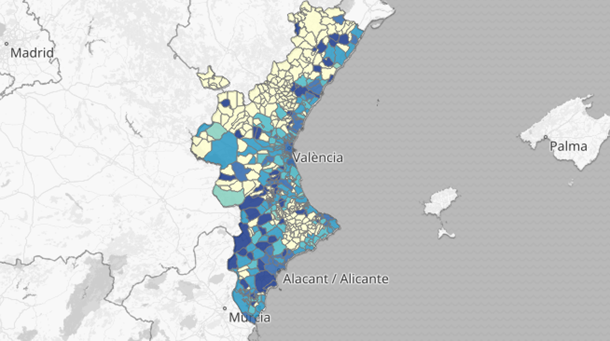 Mapa de la incidencia del coronavirus por municipios en la Comunidad Valenciana en los últimos 14 días, según las pruebas PCR