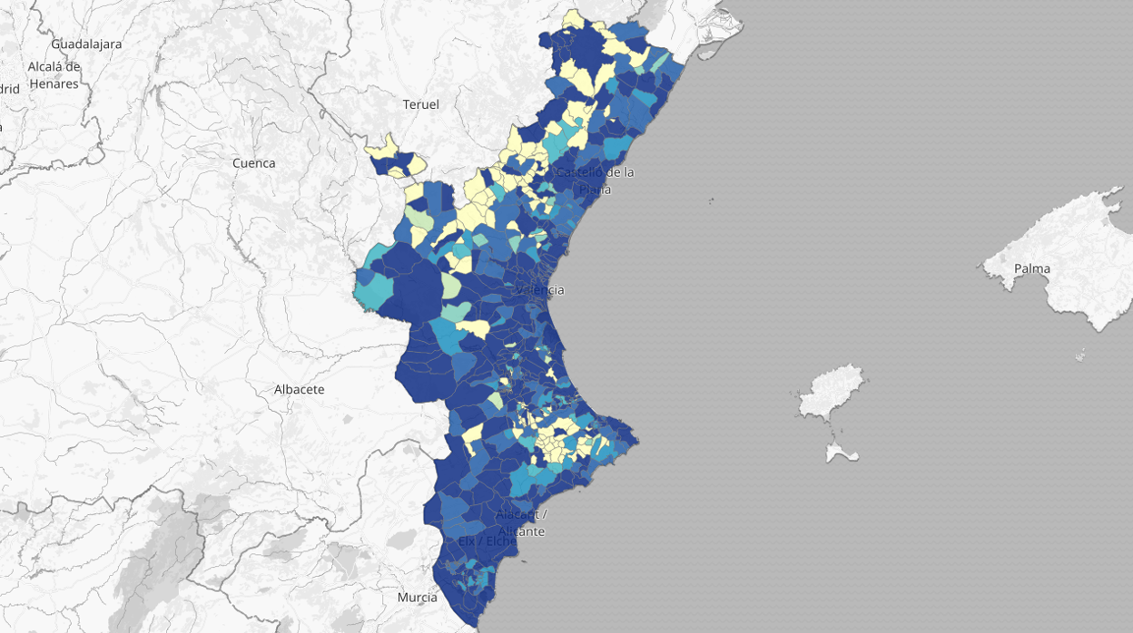 Mapa de la incidencia acumulada del coronavirus en la Comunidad Valenciana desde que comenzó la pandemia