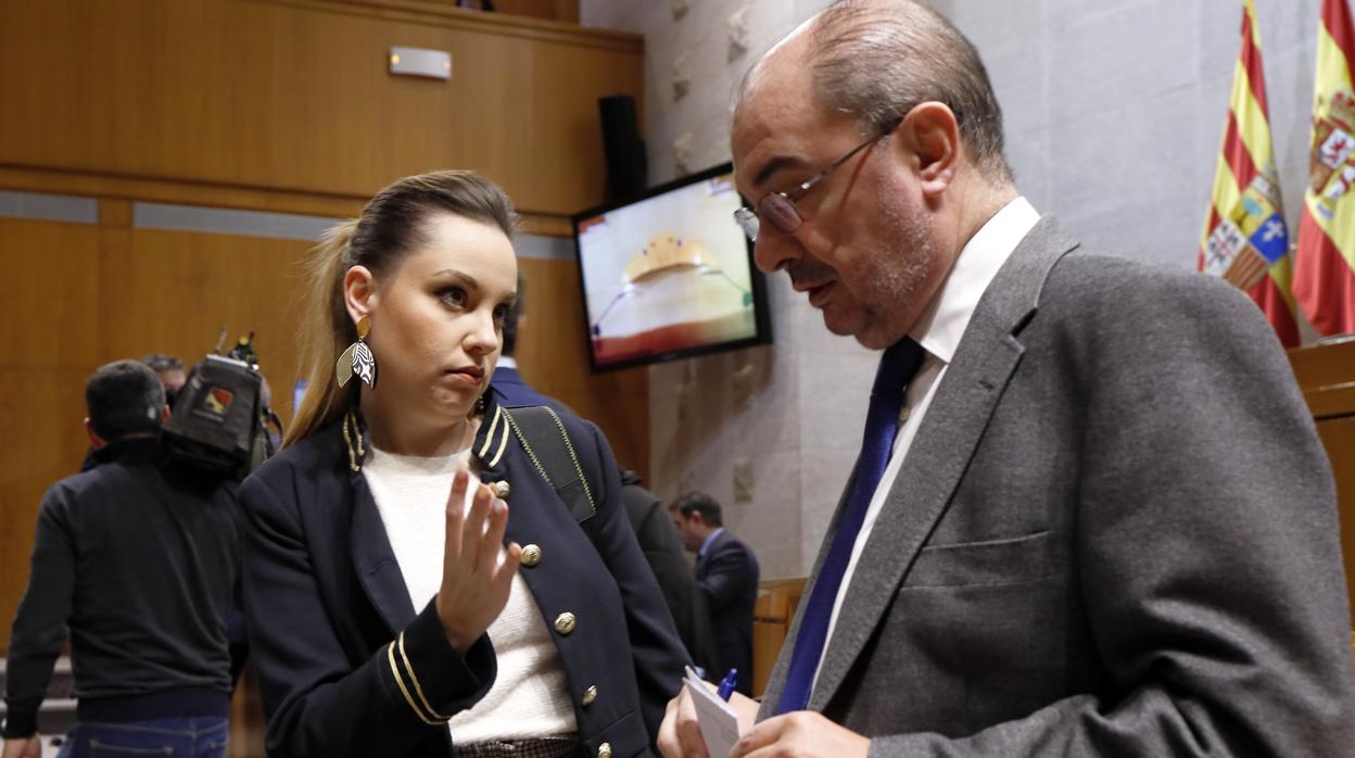 El presidente Lambán (PSOE) y la líder regional de Podemos, Maru Díaz, en una imagen de archivo. PSOE, Podemos, la Chunta y el PAR comparten el Gobierno aragonés desde julio de 2019