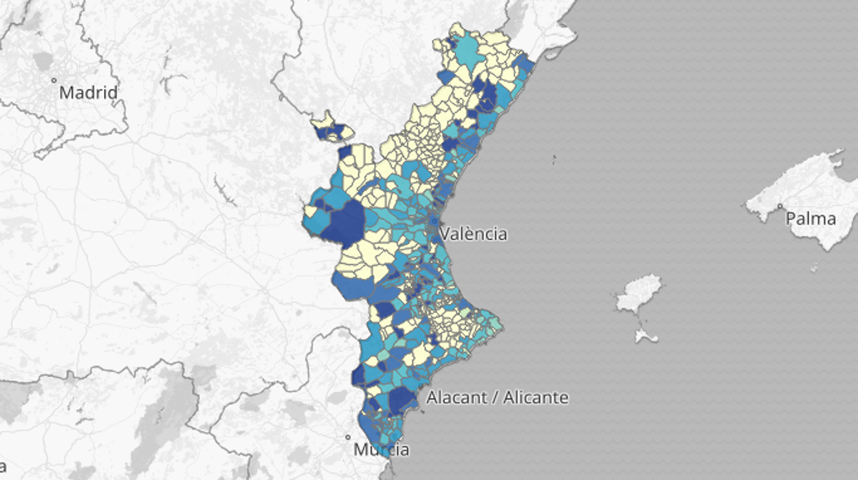 Mapa de la incidencia del coronavirus por municipios en la Comunidad Valenciana en los últimos 14 días según las pruebas PCR