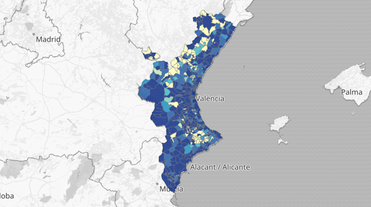 Mapa de la incidencia del coronavirus por municipios en la Comunidad Valenciana según las pruebas PCR