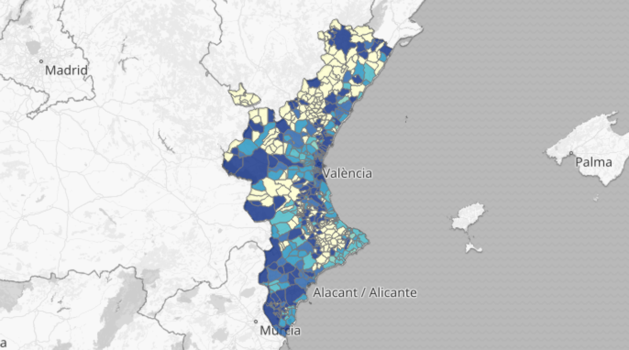 Mapa de incidencia del coronavirus por municpios en la Comunidad Valenciana en los últimos 14 días según las pruebas PCR y los test de antígenos