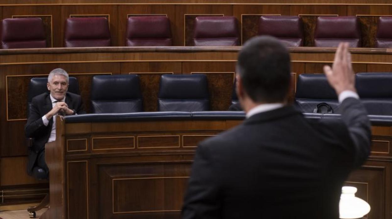 Marlaska, frente a Pedro Sánchez, en el Congreso