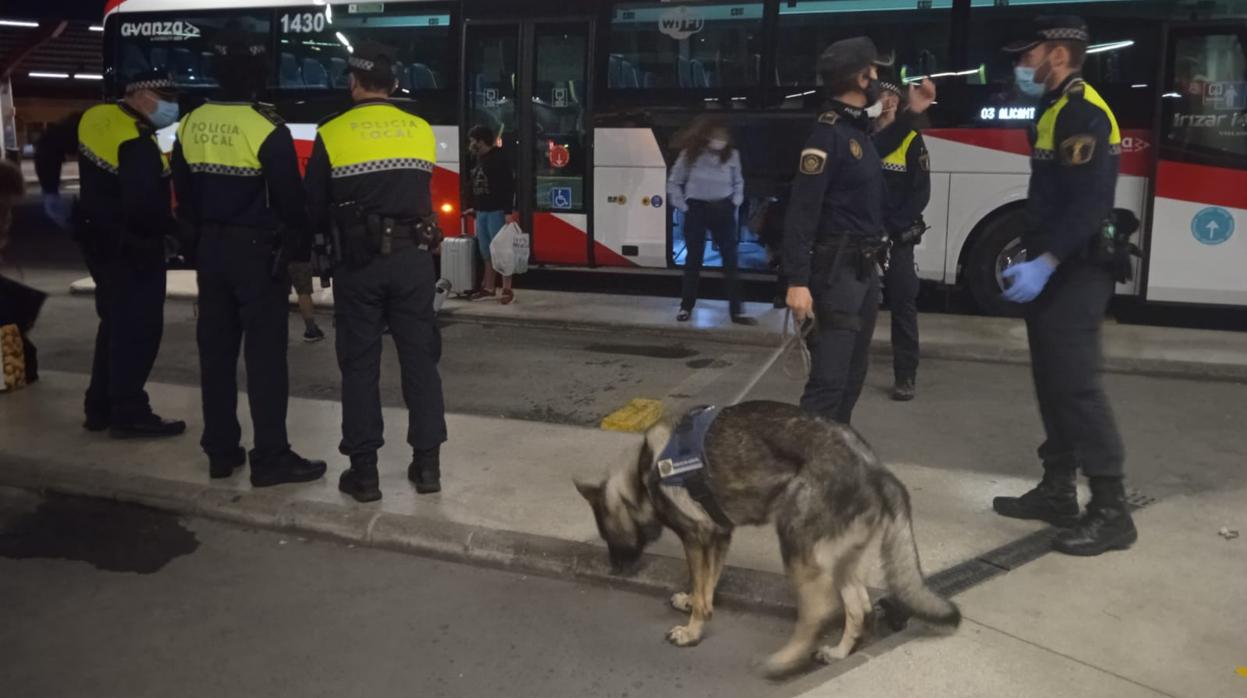 Policías locales junto a unos de los autobuses apedreados en la noche de Halloween