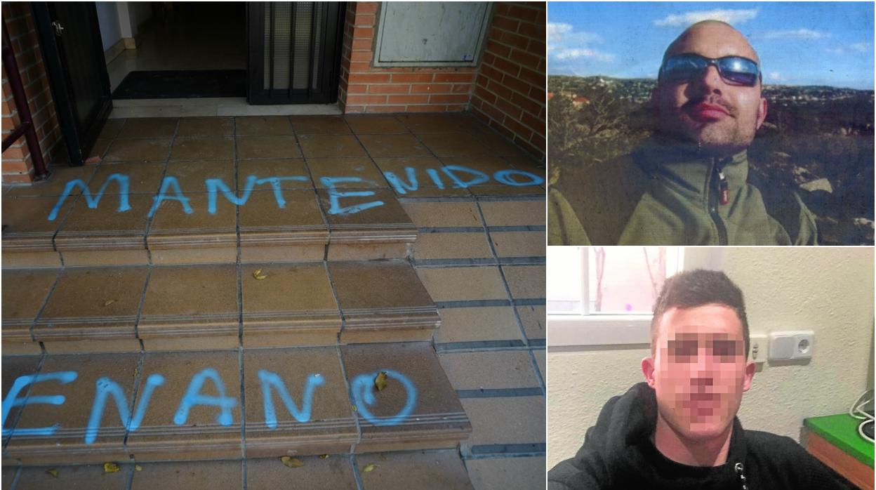 Dos de las pintadas en el portal donde reside el detenido, en la imagen inferior. Arriba, Iván, el hombre asesinado