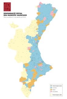 Mapa de los topónimos de la Comunidad Valenciana, según el idioma