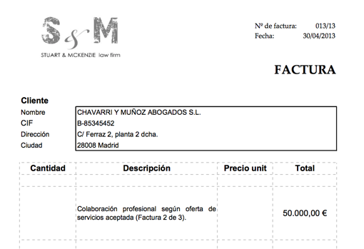 Una de las facturas efectivamente expedidas por S&M