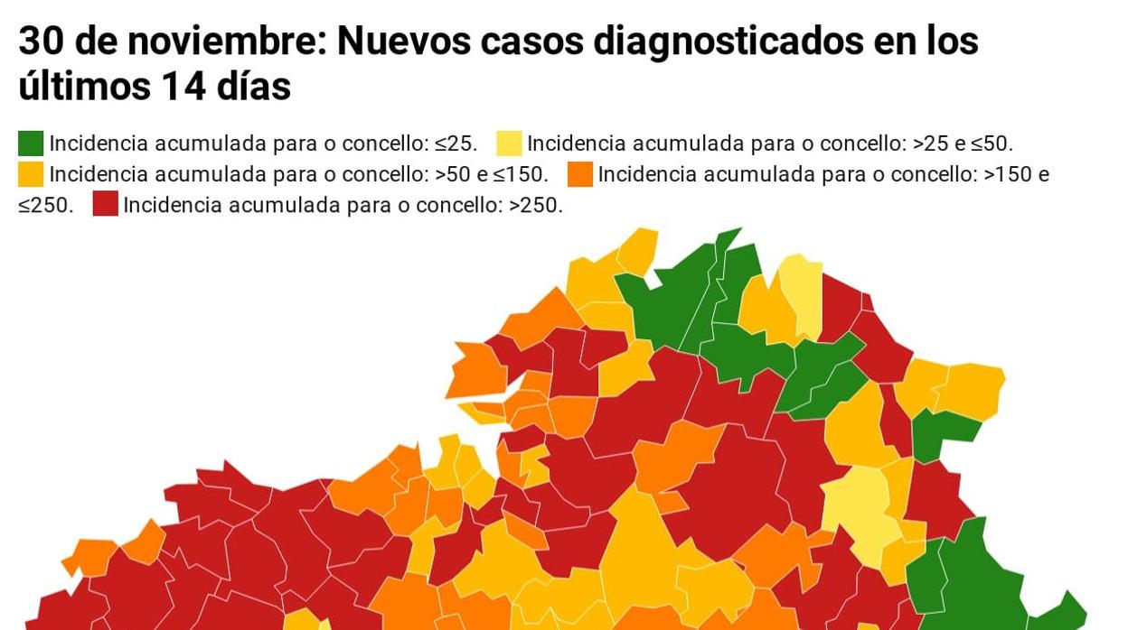 Mapa que muestra la IA y los casoa a 14 días con fuentes del Sergas