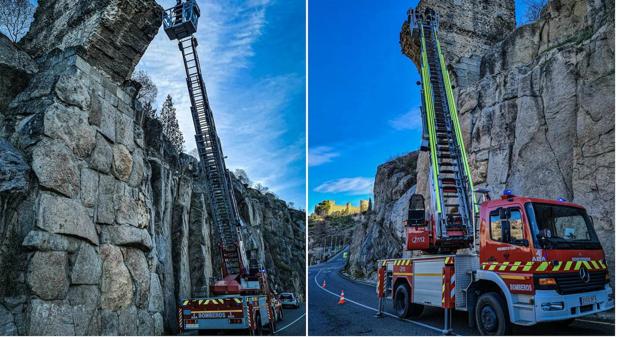 Los bomberos retiran varias piedras desprendidas del acueducto romano del Valle