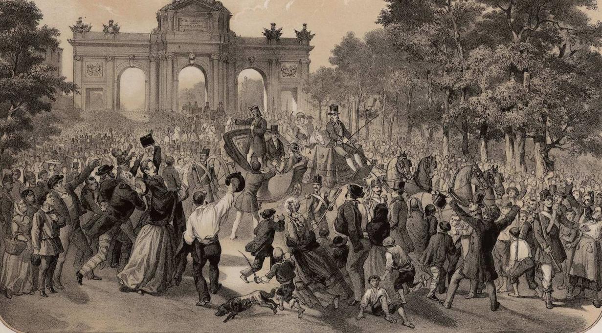 Entrada de Baldomero Espartero en Madrid el 29 de julio de 1854. Litografía de Vicente Urrabieta.