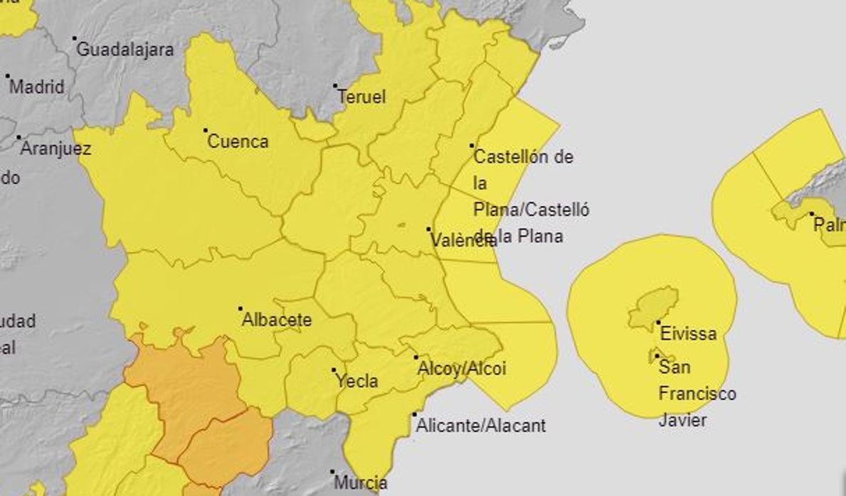 Imagen del mapa de la predicción de Aemet, con alerta amarilla para este lunes en la Comunidad Valenciana