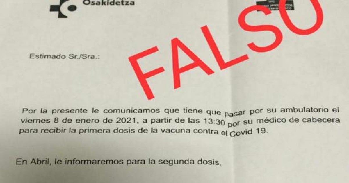 El País Vasco advierte sobre una carta falsa en la que se dice que la vacunación es obligatoria para mayores de 50