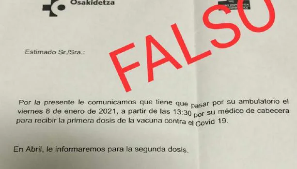 El País Vasco advierte sobre una carta falsa en la que se dice que la vacunación es obligatoria para mayores de 50
