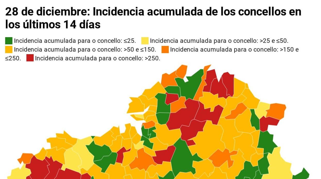 El mapa de incidencia y de número de casos de cada concello de este lunes