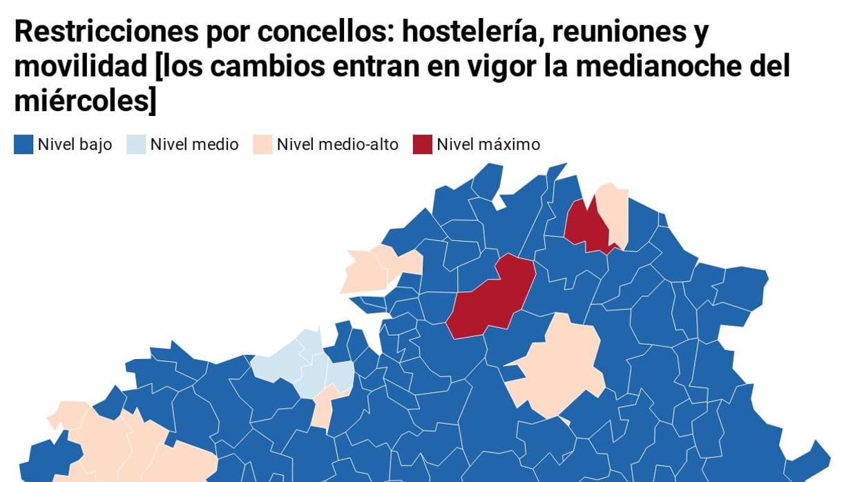 Mapa de Galicia con las restricciones por concellos