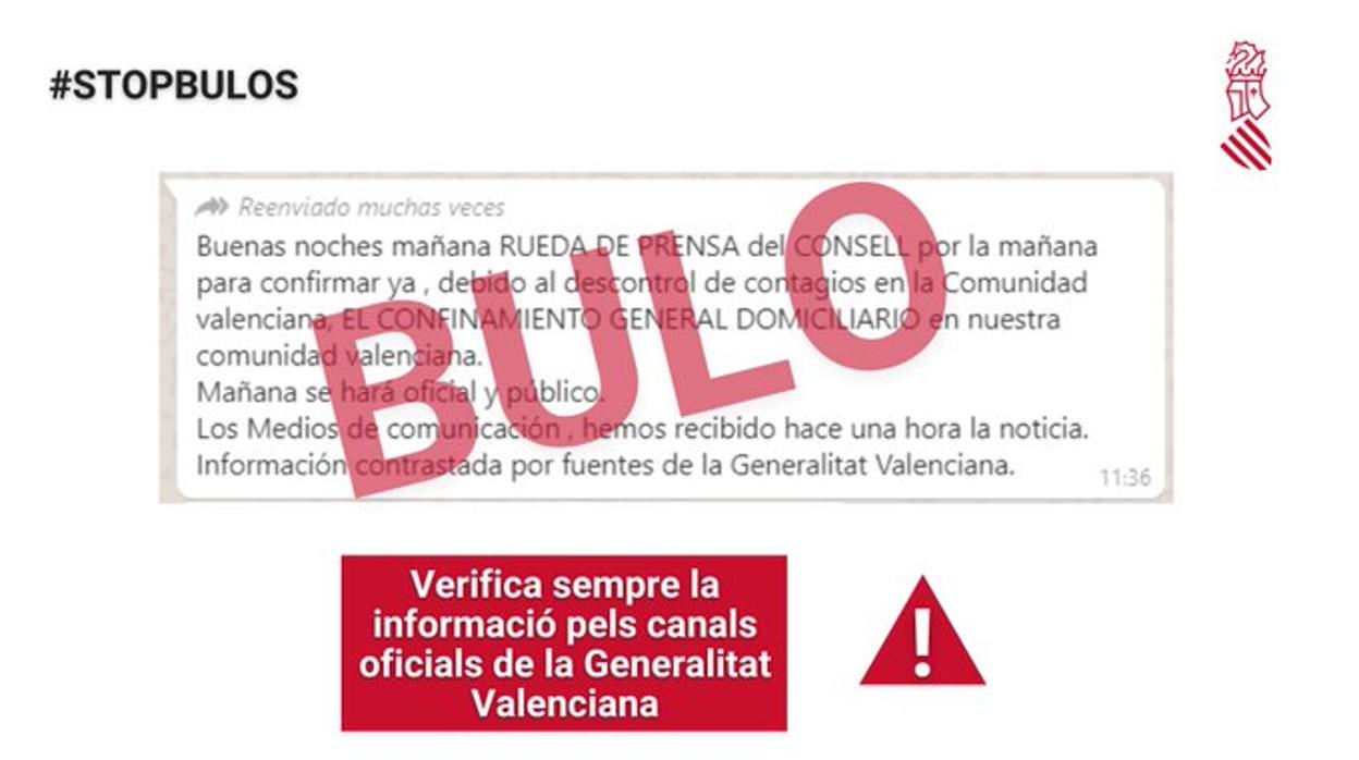 Imagen difundida este domingo por la Generalitat alertando del bulo que circula por las redes sociales