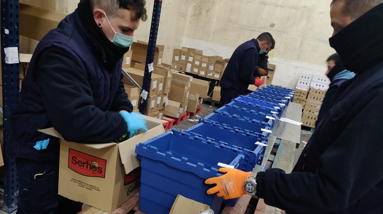 Los trabajadores preparan las cajas de reparto con comida que les entregan a los ancianos