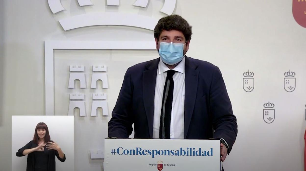 Sigue en vídeo la declaración institucional del presidente de la Región de Murcia