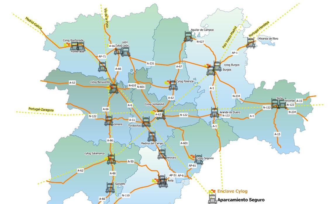Mapa de áreas estacionamientos para camiones seguras y protegidas en Castilla y León