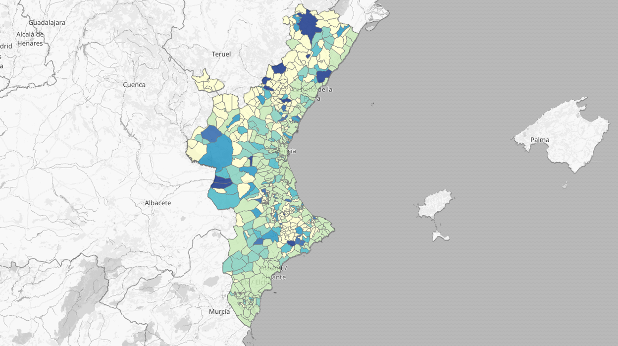 Mapa de la incidencia del coronavirus por fallecimientos en la Comunidad Valenciana, por municipios