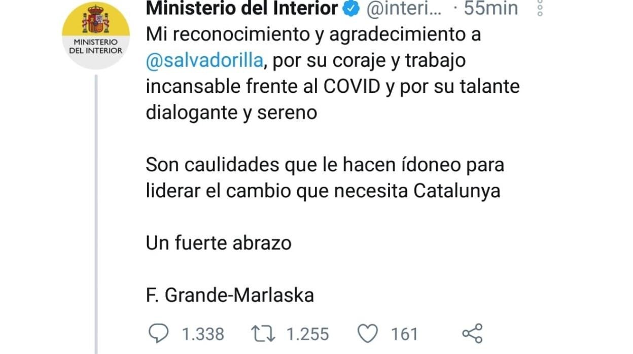 Interior, obligado a borrar un tuit por hacer campaña a favor de Salvador Illa