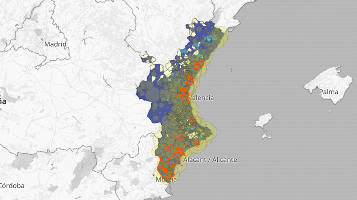 Mapa de la incidencia del coronavirus por municipios en la Comunidad Valenciana en los últimos 14 días, según las pruebas PCR y los test de antígenos